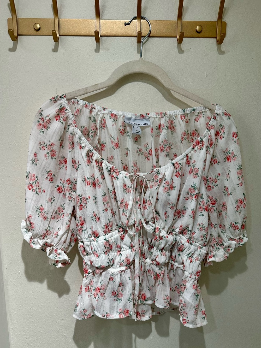 Peplum Blouse with Tie Front & Cream Puff Sleeve